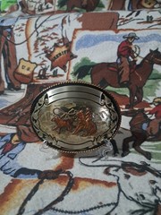 Vintage German Silver calf roping buckle with rope edge & 3 banners & roper