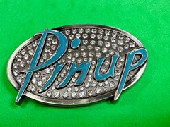 Pinup Girl – Blue Lettering Fashion Statement Novelty Jeweled Oval Belt Buckle
