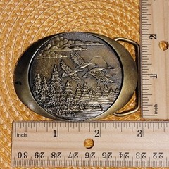 VTG 1982 Indiana Metal Craft Flying Geese Belt Buckle Brass Cowboy Nature