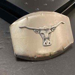 Vintage JUSTIN Nickel Silver Texas Longhorn Steer Cattle Bull Rodeo Belt Buckle