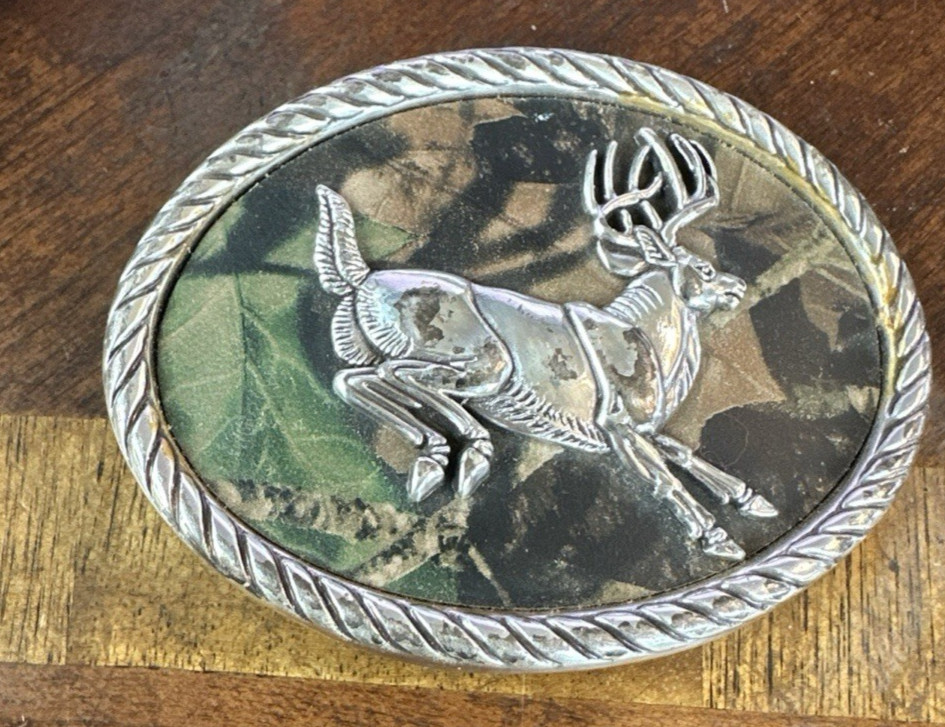 Nocona Belt Buckle Camo Running Deer Rope Edge Silver Tone Oval Leaping Elk