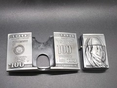$100 Bill Benjamin Franklin Belt Buckle Combo With Hidden Flip Top Lighter New