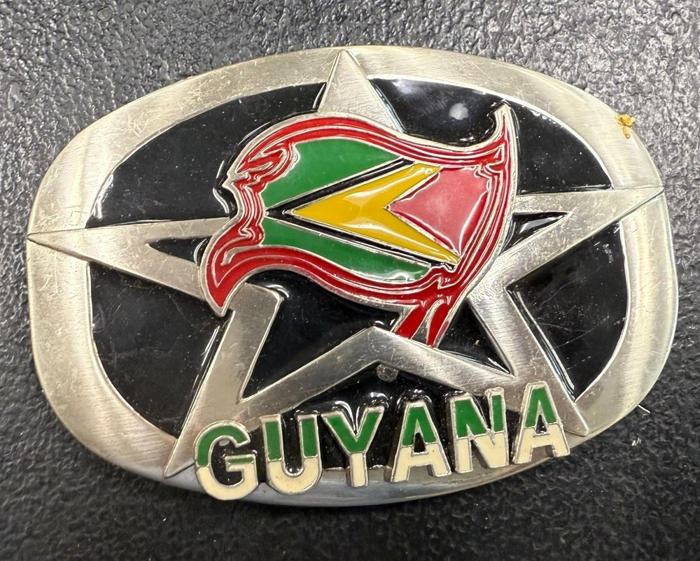 Guyana Flag Belt Buckle – Silver Star Design with Waving Flag & Bold Lettering