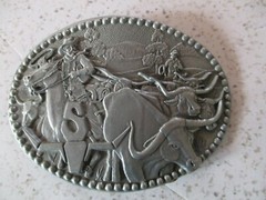 VINTAGE, BELT BUCKLE, COWBOYS & LONG HORN STEER, ADM, ZEE SERIES, MADE IN USA