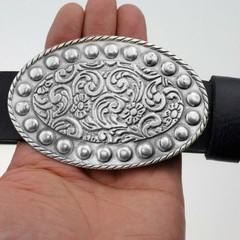 Floral tendrils Oktoberfest costume belt buckle, oval design, antique silver