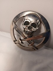 Vintage Silver Star Skull and Swords Belt Buckle Made in USA Jolly Roger Metal