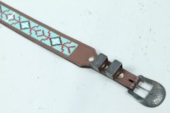UNCLE SAM W Sterling Silver Buckle Navajo Native Turquoise Beaded Leather BELT