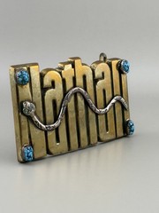 Nathan Snake Belt Buckle Solid Brass Turquoise Look Western Cowboy Vintage 1978
