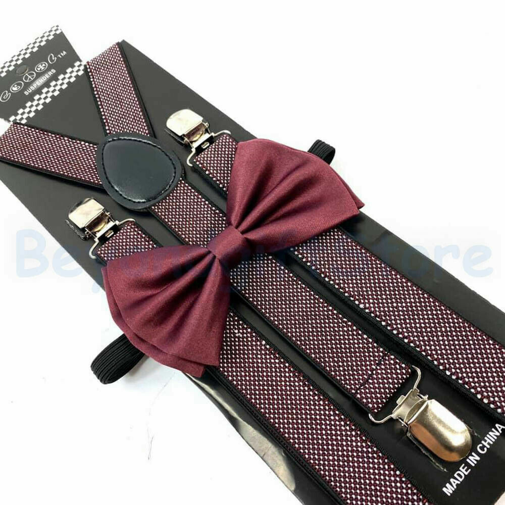 Burgundy Iridescent Glitter Suspenders and Bowtie Combo Set Adult Teens Formal