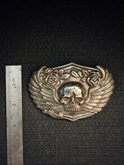 Vintage Silver Skull Belt Buckle With Wings And Roses Biker Gothic
