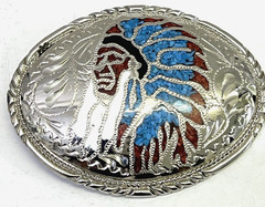 Silver Engraved Inlaid Belt Buckle Indian Chief Head Dress w/Turquoise & Coral