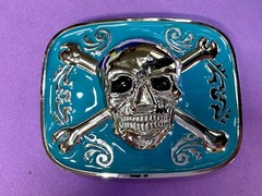 Jolly Roger Pirate Skull Head & Crossbones Blue Enamel Colored New Belt Buckle