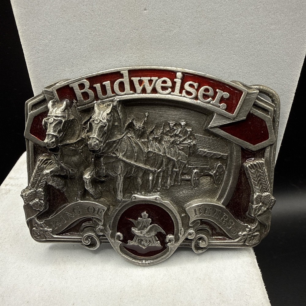 Vintage Budweiser Clydesdale King of Beers Belt Buckle red enameled pewter