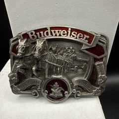 Vintage Budweiser Clydesdale King of Beers Belt Buckle red enameled pewter