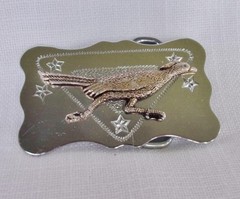 Southwest Silver Tone Stamped Metal w/ Applied Cast Brass Roadrunner Belt Buckle