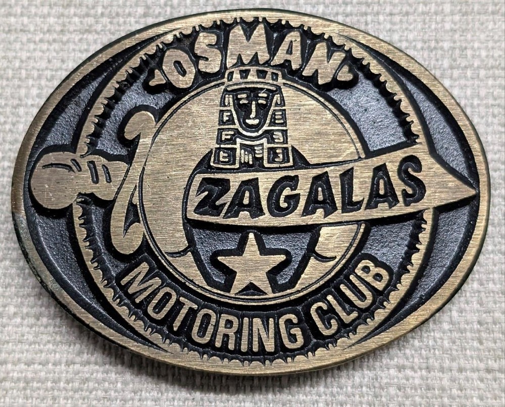 vintage MOTORING CLUB belt buckle ZAGALAS osman shriners BRASS western CAR