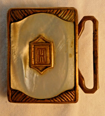 Vintage Belt Buckle Shell Inlaid Brass Ornate Design Marked Gloray Apollo
