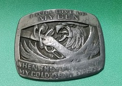 « I WILL GIVE UP MY GUN. . . » Eagle Silver Tone Belt Buckle INDIANA METAL CRAFT