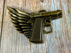 Winged Gun Flying Pistol Handgun Figural Cutout Brass Tone 4&Prime; Wide Belt Buckle