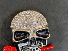 Multi Rhinestones Make Up Skull Holding Red Rose In Teeth! Belt Buckle