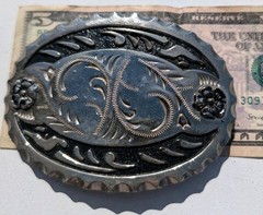 Vintage Belt Buckle Made in USA Black & Silver Western Style 3- 1/2&Prime; X 2- 3/4&Prime;