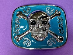 Jolly Roger Pirate Skull Head & Crossbones Blue Enamel Colored New Belt Buckle