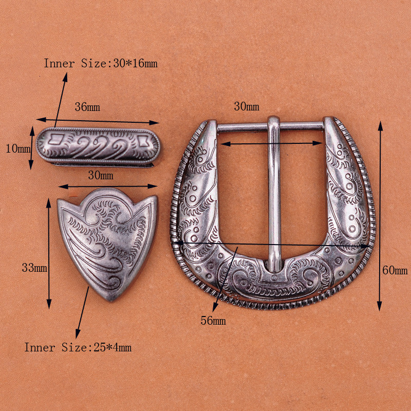 Vintage Flower Engraved Western Cowboy Belt Buckle 3 piece Set Fit 30mm Strap