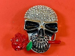 Multi Rhinestones Make Up Skull Holding Red Rose In Teeth! Belt Buckle
