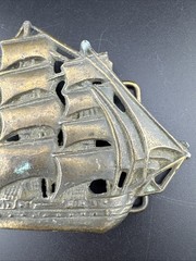 Vintage Brass Bronze Tone Metal Galleon Ship Clipper Nautical Belt Buckle Large