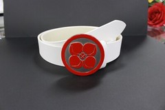 Red Silver Pop Buckle Peach Four Leaf Clover White Leather Round Adjustable Belt