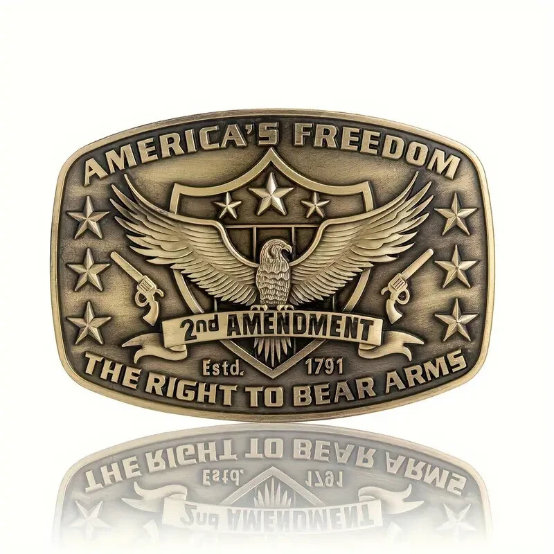 America Second Amendment Belt Buckle 2A, 2nd, Freedom, Guns Antique Gold Tone