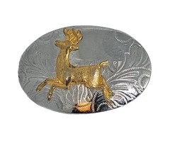 VTG Belt Buckle Crome Carved Silver Gold Belt Buckle Elk Deer Doe Shiny