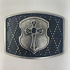 Pewter English Cross on a Shield w/ Black Background Belt Buckle 3-1/8” x 2-3/8”