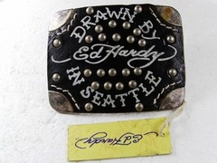 Drawn By In Seattle Black Leather Belt Buckle By ED HARDY 33116a w/ Tag