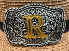 Antiqued Silver Gold Initial R Rectangle Western Cowboy Floral Vine Belt Buckle