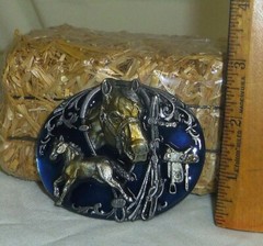 Horse enameled pewter buckle horses saddle gift Made in America USA