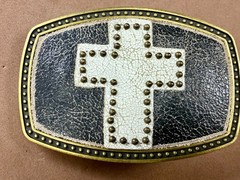 Metallic Theme Religious Cross Studded Design on White Faux Leather Belt Buckle