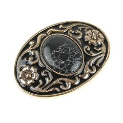 Western Belt Buckle Black Faux Oval Marble Stone Gold Floral Accents Enamel