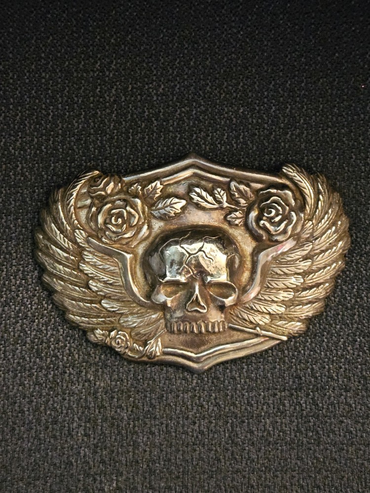 Vintage Silver Skull Belt Buckle With Wings And Roses Biker Gothic
