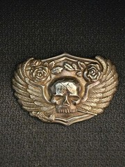 Vintage Silver Skull Belt Buckle With Wings And Roses Biker Gothic