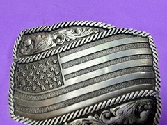 Waving American Flag Patriotic Silver Color Rope Border Western NOS Belt Buckle