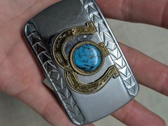 vintage HORSESHOES belt buckle CHROME turquoise stone WESTERN cowboy