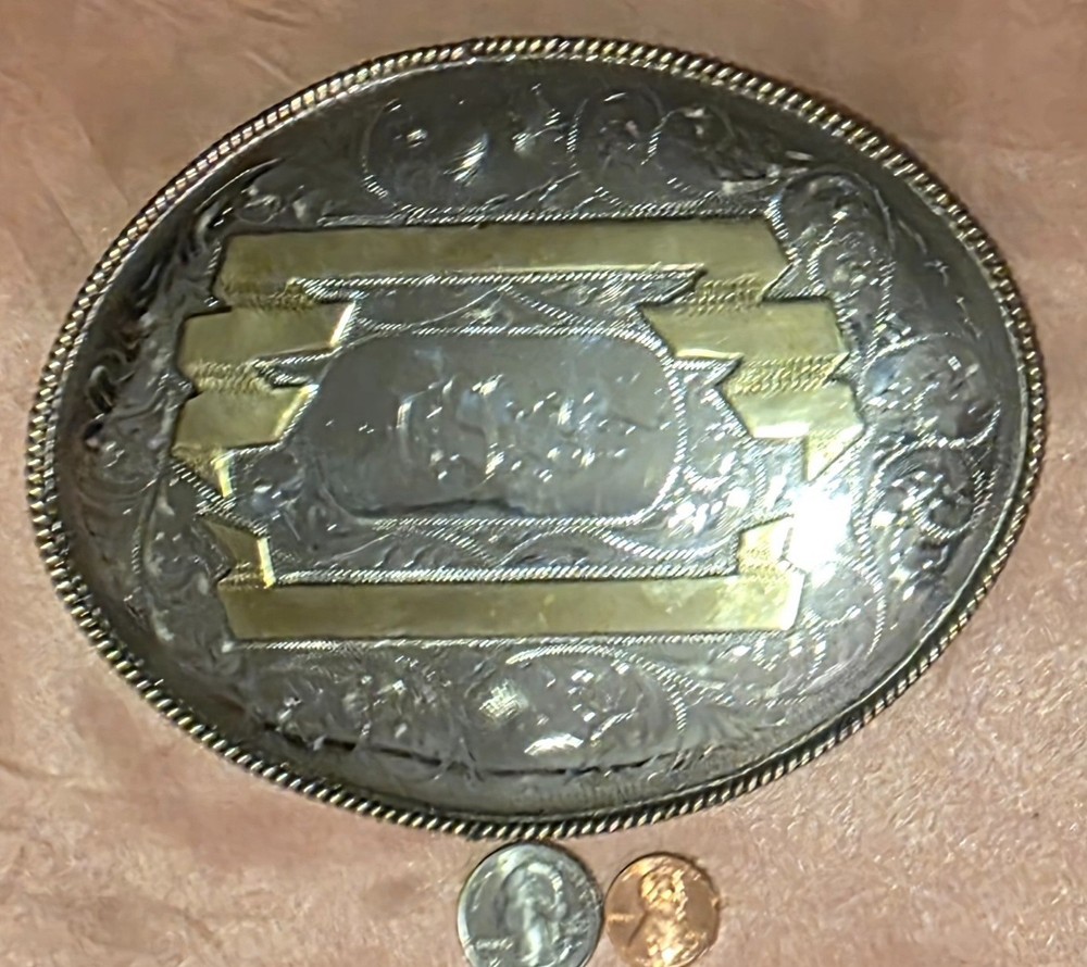 Vintage Metal Belt Buckle, Silver and Brass, Really Big Extra Large Size, Nice
