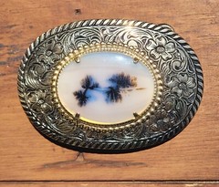 VINTAGE GENUINE AGATE AND BRASS BELT BUCKLE WITH ORIGINAL BOX NOS NIB
