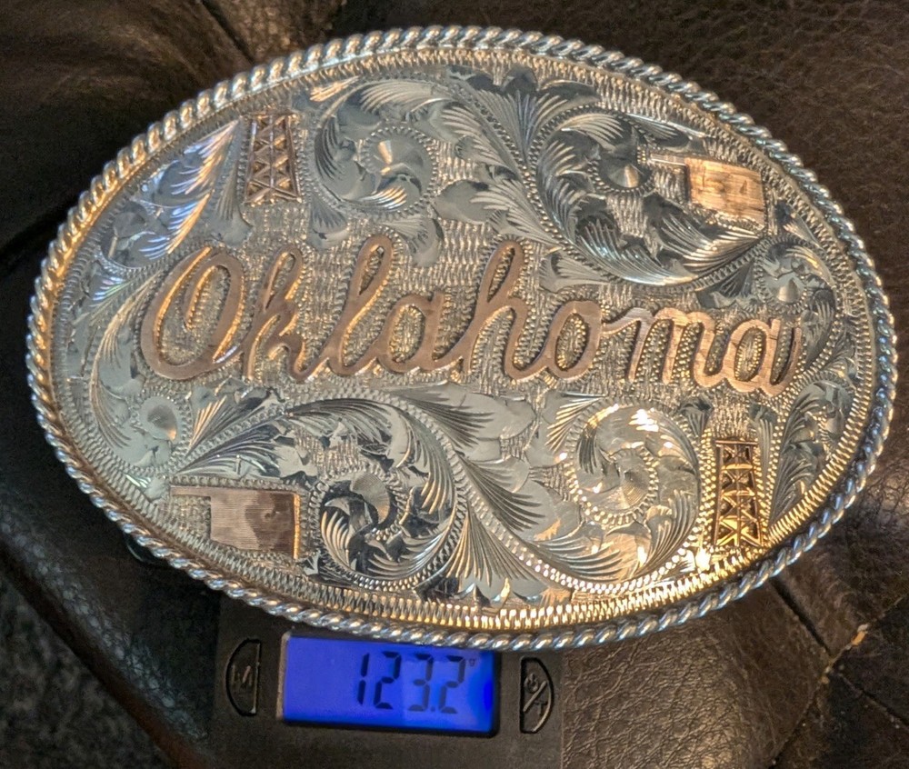 Vogt Sterling Silver 1/10 10K Gold Overlay Engraved Oval Oklahoma Buckle