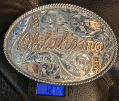 Vogt Sterling Silver 1/10 10K Gold Overlay Engraved Oval Oklahoma Buckle