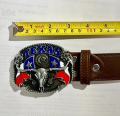 Men&rsquo;s Western LEATHER BELT with Long Horn Texas Cow Bull Skull (47 inch)