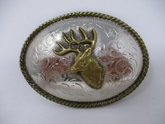 Alpaca Mexico Belt Buckle Mens Silver Gold Deer Head Oval Rope Edge Western