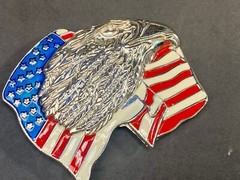 Patriotic American Eagle Head over wavy USA American Flag 4&Prime; belt buckle