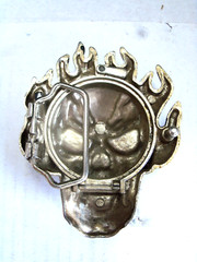 BELT BUCKLE, FLAMING SKULL, SILVER COLOR WITH CREAM ENAMEL